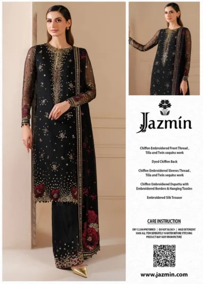 Jazmin AH-38 Luxury Chiffon Embroidered 3 Piece Unstitched Suit