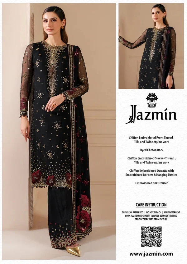 Jazmin AH-38 Luxury Chiffon Embroidered 3 Piece Unstitched Suit